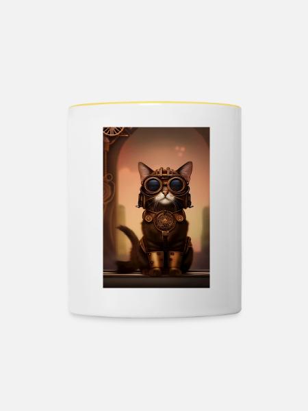 Katze Steampunk Style - Tasse zweifarbig - Weiß/Gelb