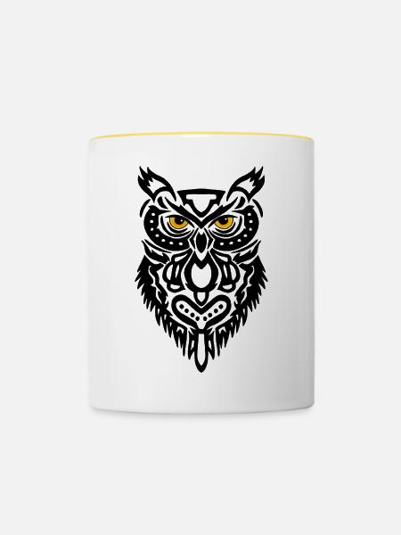 Der Blick der schwarzen Eule - Tasse zweifarbig - Weiß/Gelb