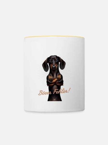 Klein, lieb und nett? Böser Fehler! - Dackel - Tasse zweifarbig - Weiß/Gelb