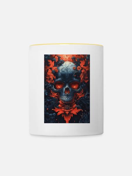 Blutrote Blüten Schädelkunst - Tasse zweifarbig - Weiß/Gelb