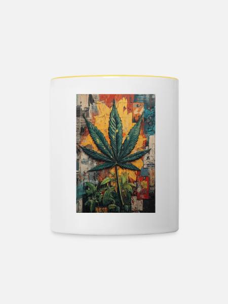Graffiti Hanfblatt Wandkunst - Tasse zweifarbig - Weiß/Gelb