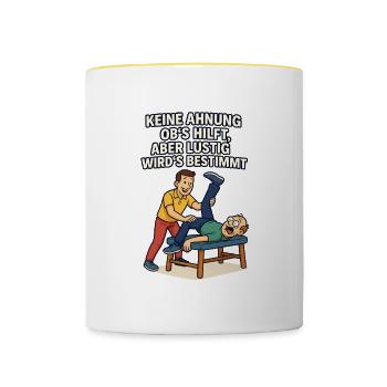 Dicton de physio : Aucune idée si ça aide drôle - Mug contrasté - blanc/jaune - Devant