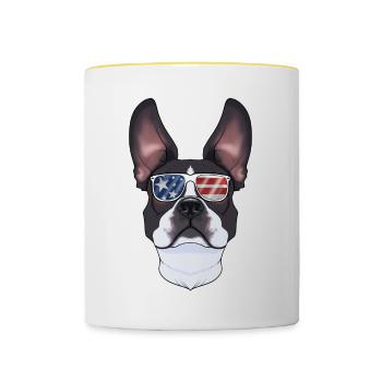 Boston Terrier USA Lunettes de soleil I Drapeau américain - Mug contrasté - blanc/jaune - Devant