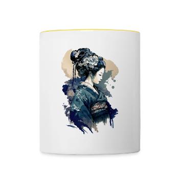Geisha Aquarell Meer Wellen Asiatische Kunst Frau - Tasse zweifarbig - Weiß/Gelb - Vorne