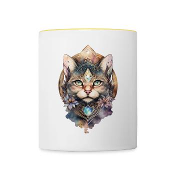 Geometrisches Katzen Mandala Aquarell Katze Tier - Tasse zweifarbig - Weiß/Gelb - Vorne