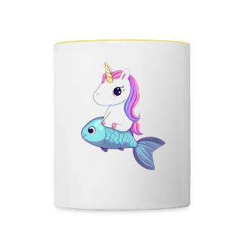 Einhorn reitet auf Fisch - Tasse zweifarbig - Weiß/Gelb - Vorne