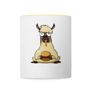 Drôle de lama dégustant un cheeseburger - Mug contrasté - blanc/jaune - Devant