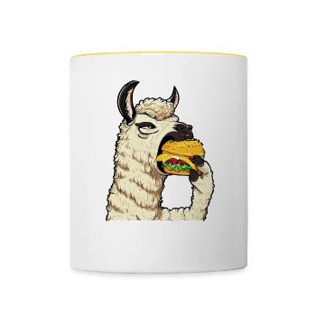Lama mangeur de cheeseburger - Mug contrasté - blanc/jaune - Devant