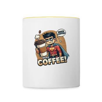 "Besoin de café ! – Le super-héros fatigué » - Mug contrasté - blanc/jaune - Devant
