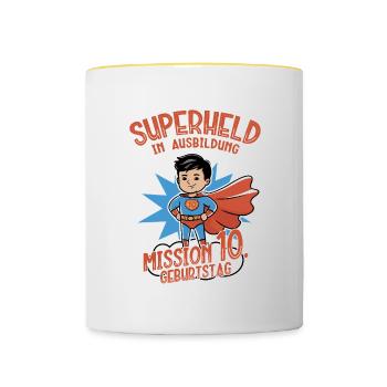Superheld 10. Geburtstag Junge schwarze Haare - Tasse zweifarbig - Weiß/Gelb - Vorne