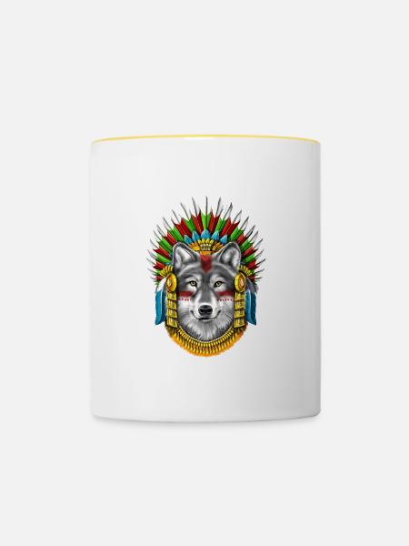 Wolf Azteken-Krieger - Tasse zweifarbig - Weiß/Gelb