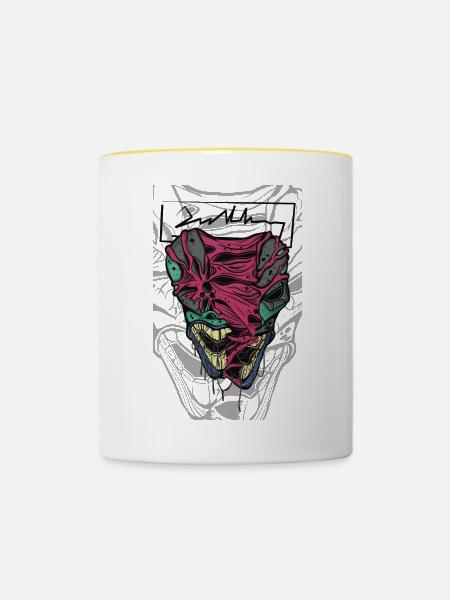 Buntes verzerrtes Maskengesicht - Tasse zweifarbig - Weiß/Gelb