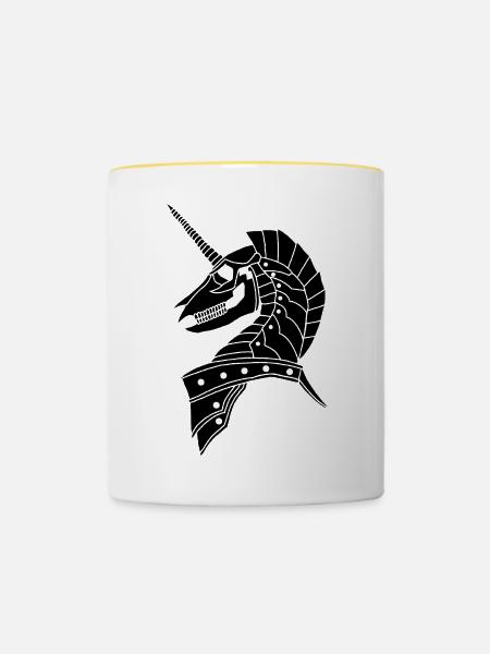 Schwarzes gotisches Einhorn - Tasse zweifarbig - Weiß/Gelb