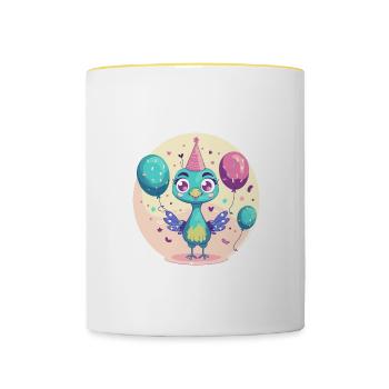 Bande dessinée d’anniversaire de l’oiseau paon - Mug contrasté - blanc/jaune - Devant