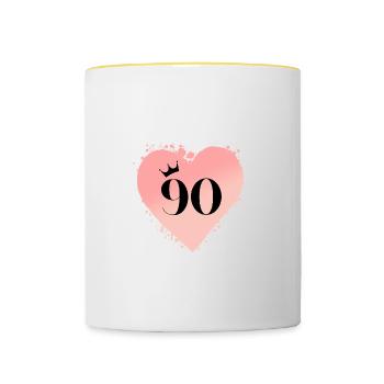 Zahl 90, Herz, personalisierbar - Tasse zweifarbig - Weiß/Gelb - Vorne