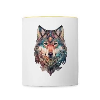 Wolf Aquarell Wald Waldtier Wildtier Mandala - Tasse zweifarbig - Weiß/Gelb - Vorne