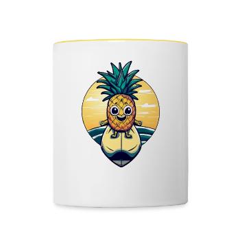 Ananas kawaii au coucher du soleil - Mug contrasté - blanc/jaune - Devant