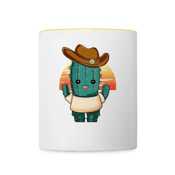 Cactus cowboy kawaii au coucher du soleil - Mug contrasté - blanc/jaune - Devant