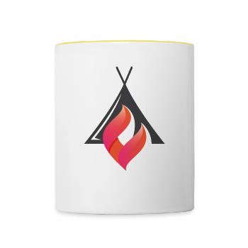 Flamme vor einem Campingzelt Rot Orange stilisiert - Tasse zweifarbig - Weiß/Gelb - Vorne