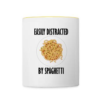 Abgelenkt von Spaghetti Lustiges Sprichwort Nudeln - Tasse zweifarbig - Weiß/Gelb - Vorne