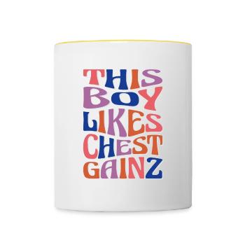 Un garçon aime Chest Gainz Benchpress Gym - Mug contrasté - blanc/jaune - Devant