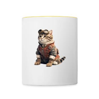 Katze Retro Pilot - Tasse zweifarbig - Weiß/Gelb - Vorne