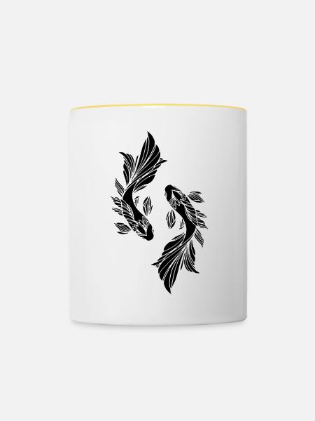 Zwei schwarze Fische - Tasse zweifarbig - Weiß/Gelb