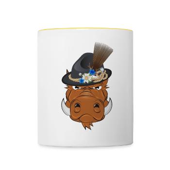 Sanglier avec chapeau traditionnel – motif humoristique - Mug contrasté - blanc/jaune - Devant