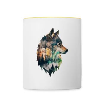 Wolf Doppelbelichtung Wald Natur wandern Wildnis - Tasse zweifarbig - Weiß/Gelb - Vorne
