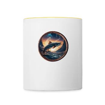 Poisson, vague, or, mer, lever du soleil, bleu - Mug contrasté - blanc/jaune - Devant