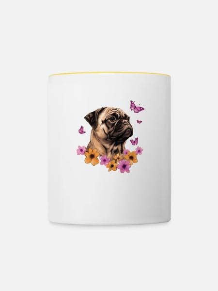 Mops mit Schmetterlingen - Tasse zweifarbig - Weiß/Gelb