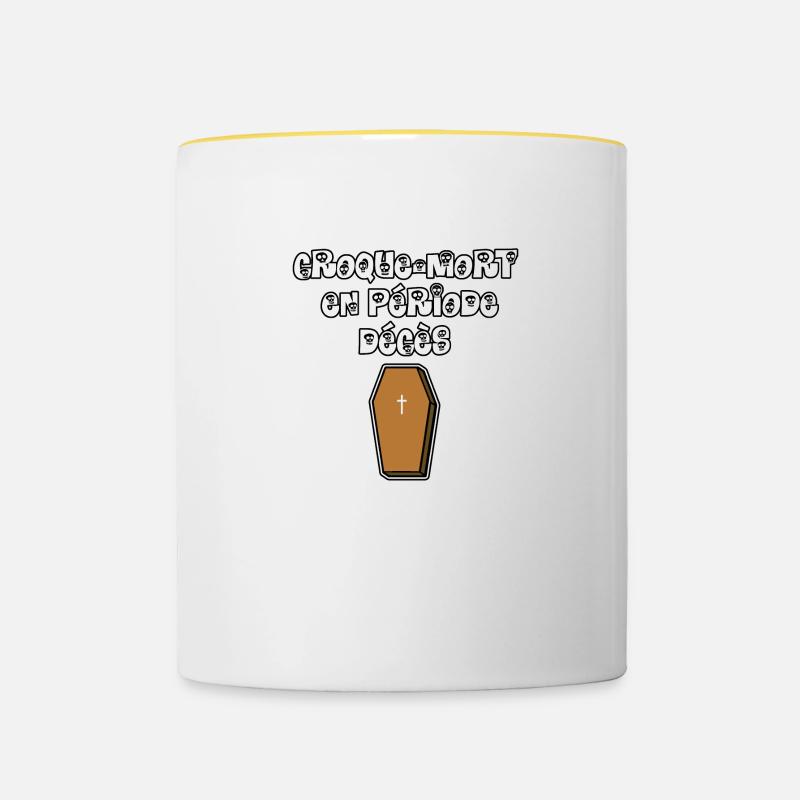 CROQUE-MORT, EN PÉRIODE DÉCÈS - JEUX DE MOTS - Mug contrasté - blanc/jaune