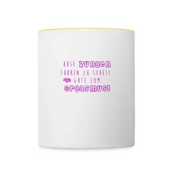 Zungen Orgasmus | Sex versaut Spruch Kuss Geschenk - Tasse zweifarbig - Weiß/Gelb - Vorne
