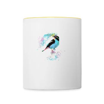 Bird, drawing, painting,,watercolor,colorful,blue - Contrasting Mug - white/yellow - Front