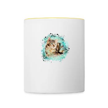 katze, bunt,aquarell, malerei,graffiti,tigerkatze, - Tasse zweifarbig - Weiß/Gelb - Vorne