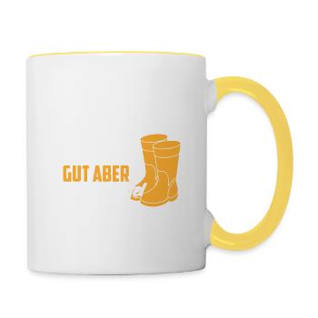Landwirtin Shirt · Traktor · Frau · Gummistiefel - Tasse zweifarbig - Weiß/Gelb - Rechts