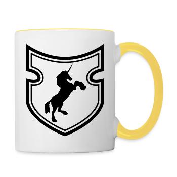 schild wappen design gluecklich stehend einhorn pf - Tasse zweifarbig - Weiß/Gelb - Rechts