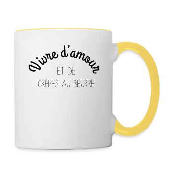 Bretagne - Vivre d'amour et de crêpes au beurre - Mug contrasté - blanc/jaune - Droite