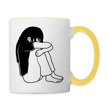 Mädchen Traurig Sitzend - Tasse zweifarbig - Weiß/Gelb - Rechts