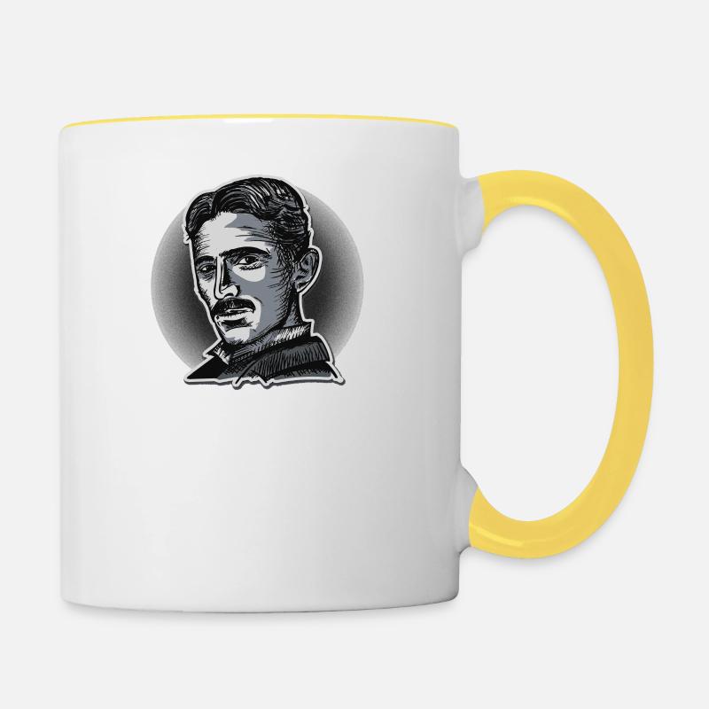 003 Zitat Nikola Tesla scientists think deeply - Tasse zweifarbig - Weiß/Gelb