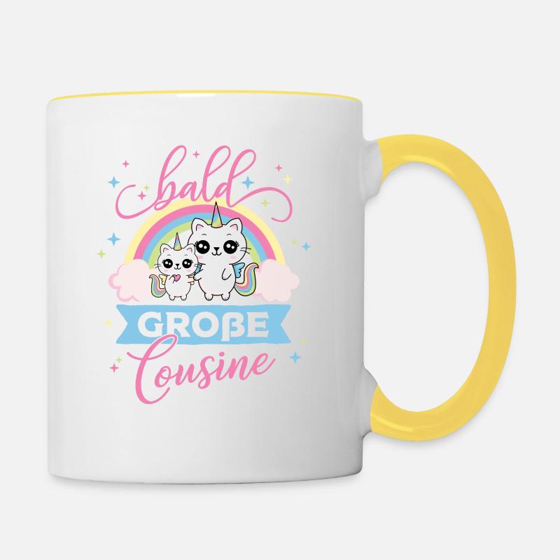 Bientôt Big Cousin - Licorne Chat De Grossesse - Mug contrasté - blanc/jaune