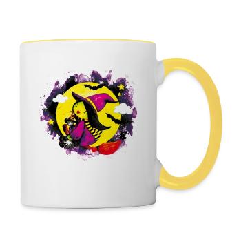 Aquarell süße Hexe, die mit ihrem Besen fliegt - Tasse zweifarbig - Weiß/Gelb - Rechts