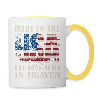 Made in USA but Born in Heaven - Tasse zweifarbig - Weiß/Gelb - Rechts