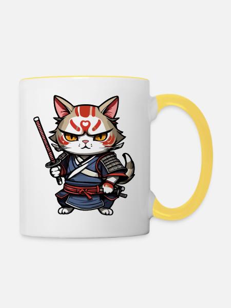 Samurai-Katze #7 - Tasse zweifarbig - Weiß/Gelb