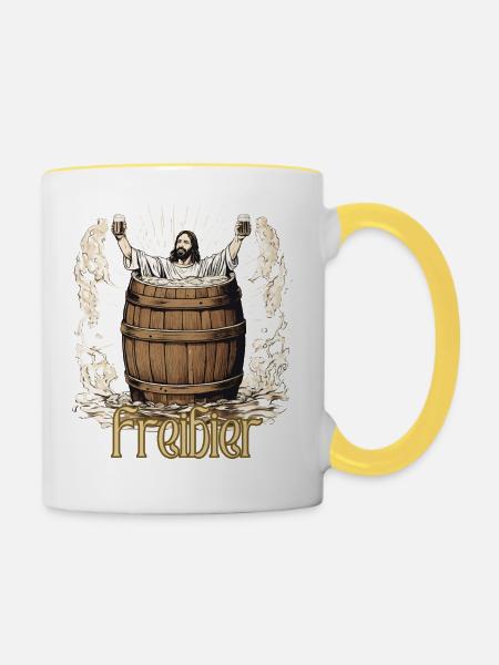 Jesus spendiert Freibier - Tasse zweifarbig - Weiß/Gelb