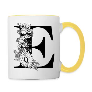 Schwarz-weißer Blumenbuchstabe e - Tasse zweifarbig - Weiß/Gelb - Rechts