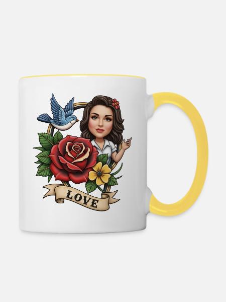 Romantisches Blumenporträt mit Vogel - Tasse zweifarbig - Weiß/Gelb