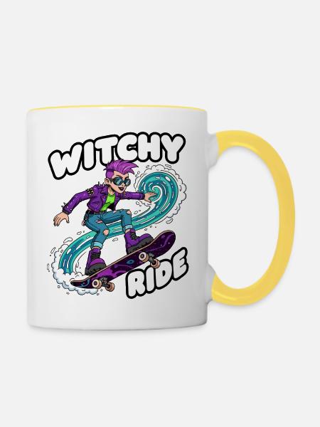 Witchy Ride Skateboard-Animation - Tasse zweifarbig - Weiß/Gelb