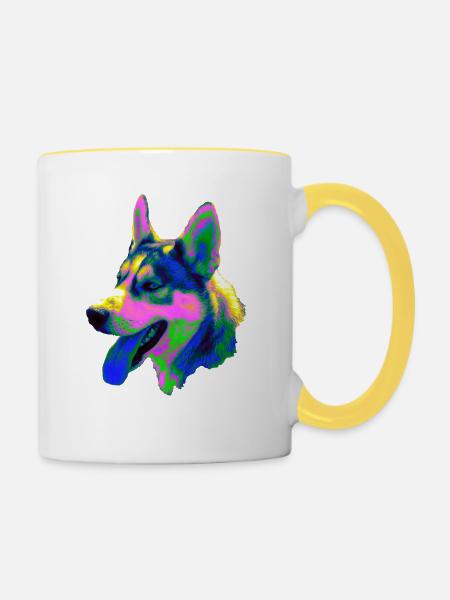 Psychedelischer Husky Kopf Neonfarben - Tasse zweifarbig - Weiß/Gelb