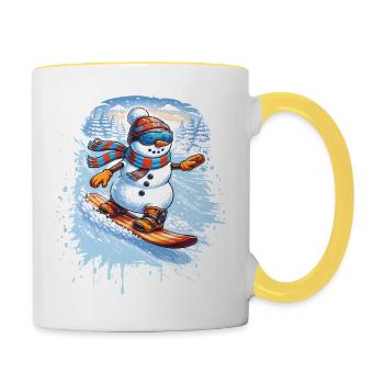 Cooler Schneemann beim Snowboarden – Winterspaß - Tasse zweifarbig - Weiß/Gelb - Rechts